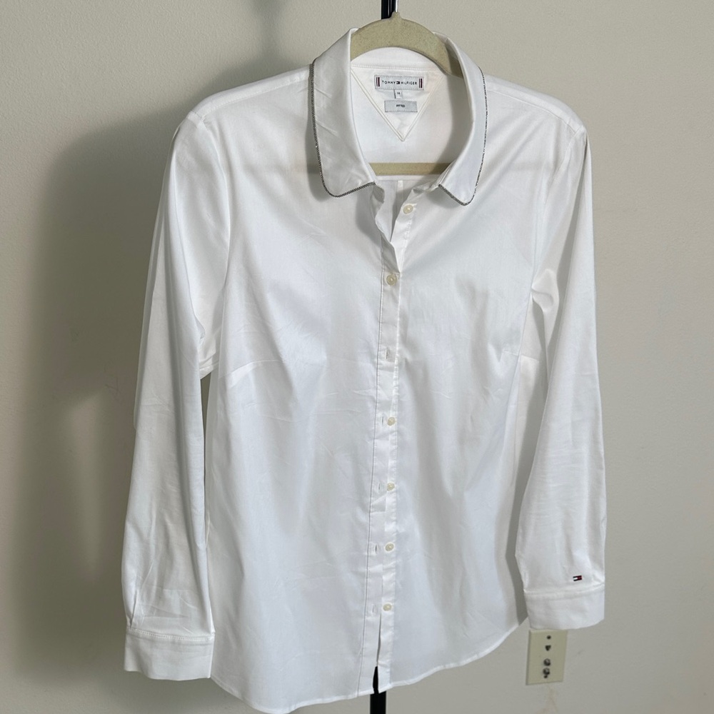 Tommy Hilfiger White Blouse with Gray Trim - Picture 6 of 7